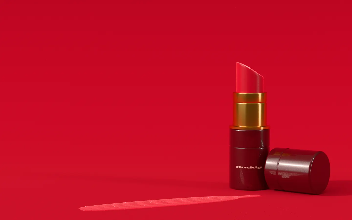 The Tint Stick standing on colored paper, its cap lying beside it, with a swatch of balm drawn across the paper.
