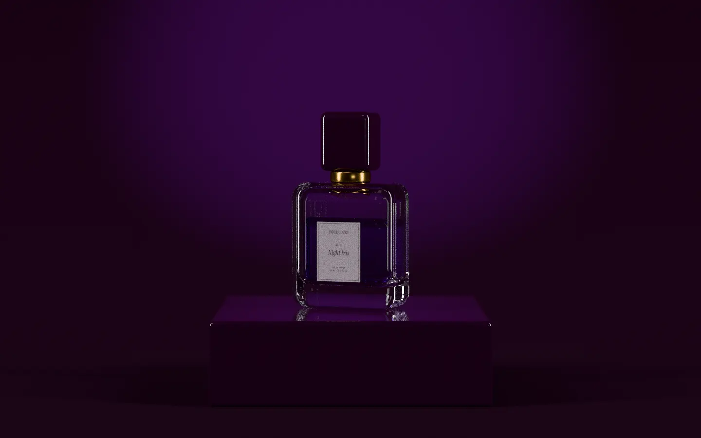 A square glass bottle of Night Iris on a dark lacquered plinth, lit from behind.