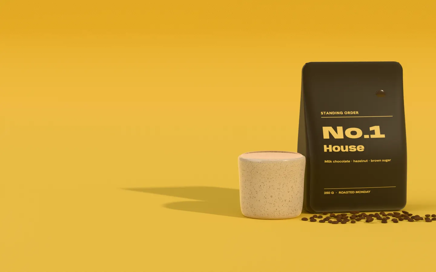 A bag of Standing Order No. 1 House coffee on yellow paper in morning sun, with roasted beans spilled in front of it.